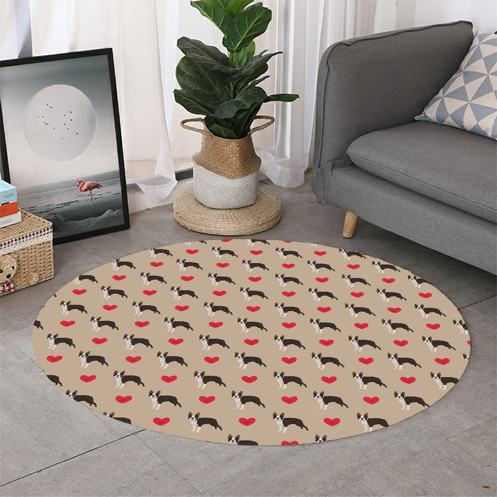 Boston Terrier Heart Pattern Print Round Rug