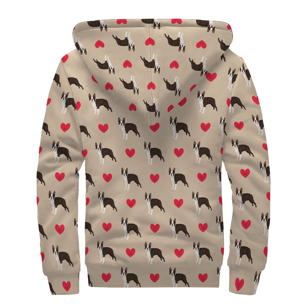 Boston Terrier Heart Pattern Print Sherpa Lined Zip Up Hoodie