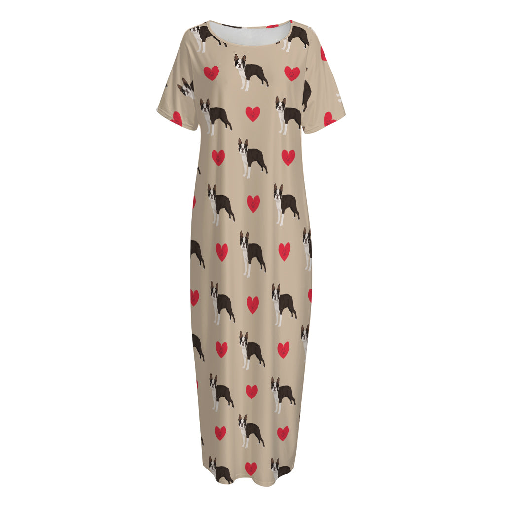 Boston Terrier Heart Pattern Print Short Sleeve Long Nightdress