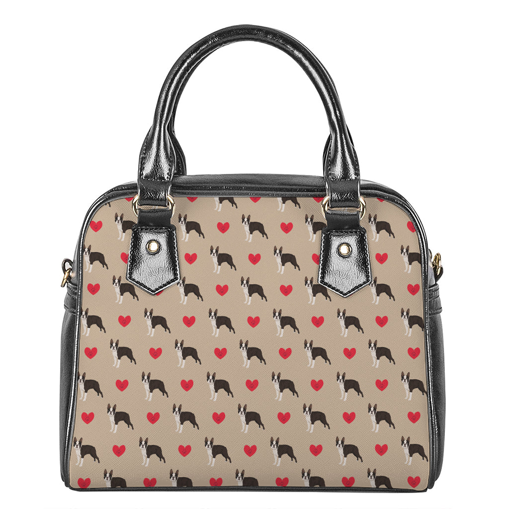 Boston Terrier Heart Pattern Print Shoulder Handbag