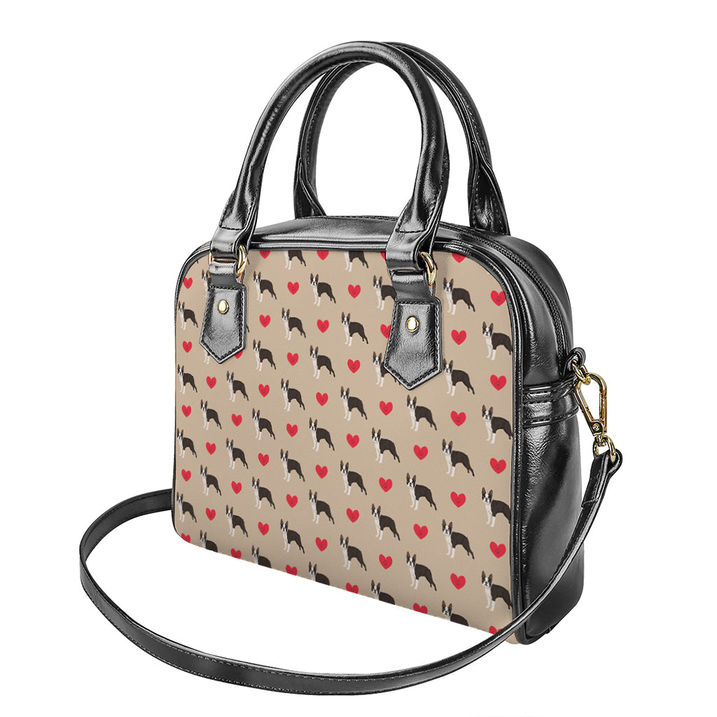 Boston Terrier Heart Pattern Print Shoulder Handbag