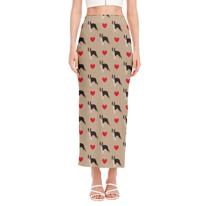 Boston Terrier Heart Pattern Print Side Slit Maxi Skirt