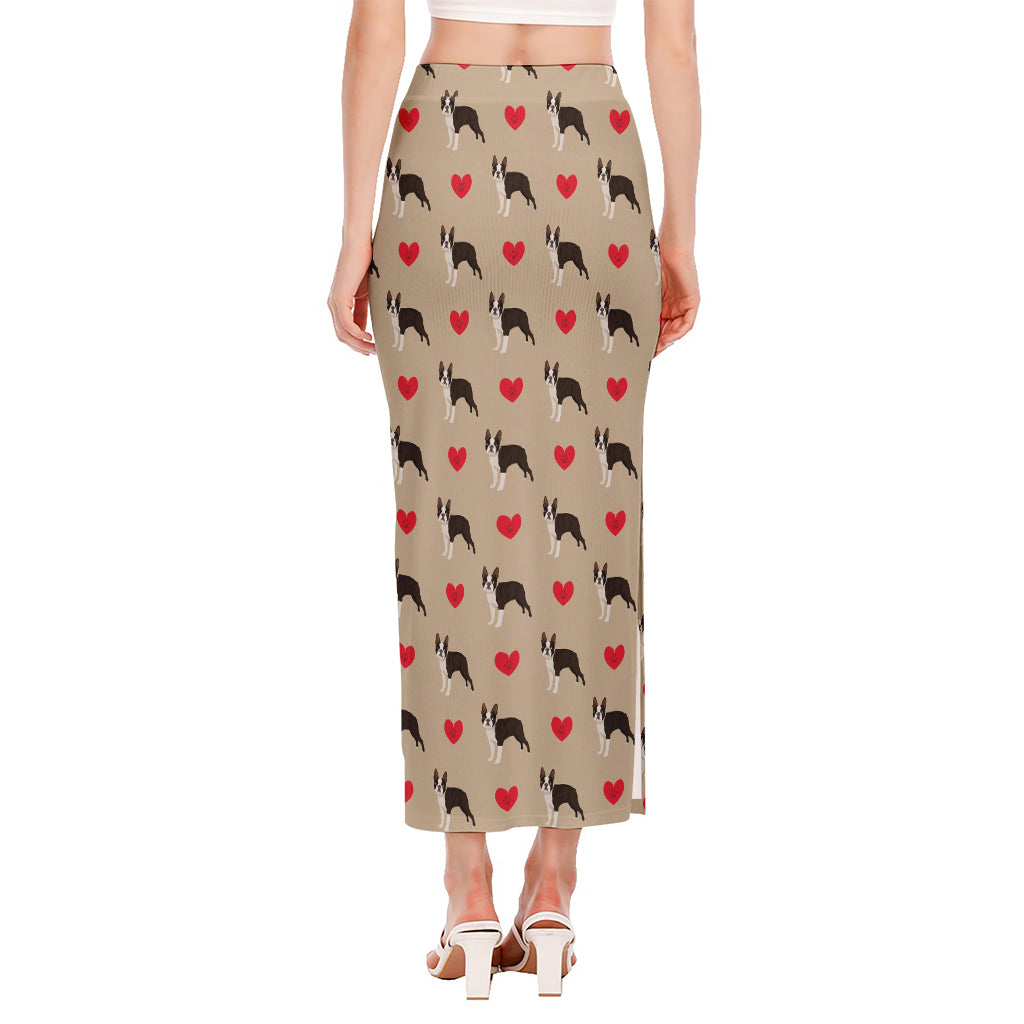 Boston Terrier Heart Pattern Print Side Slit Maxi Skirt