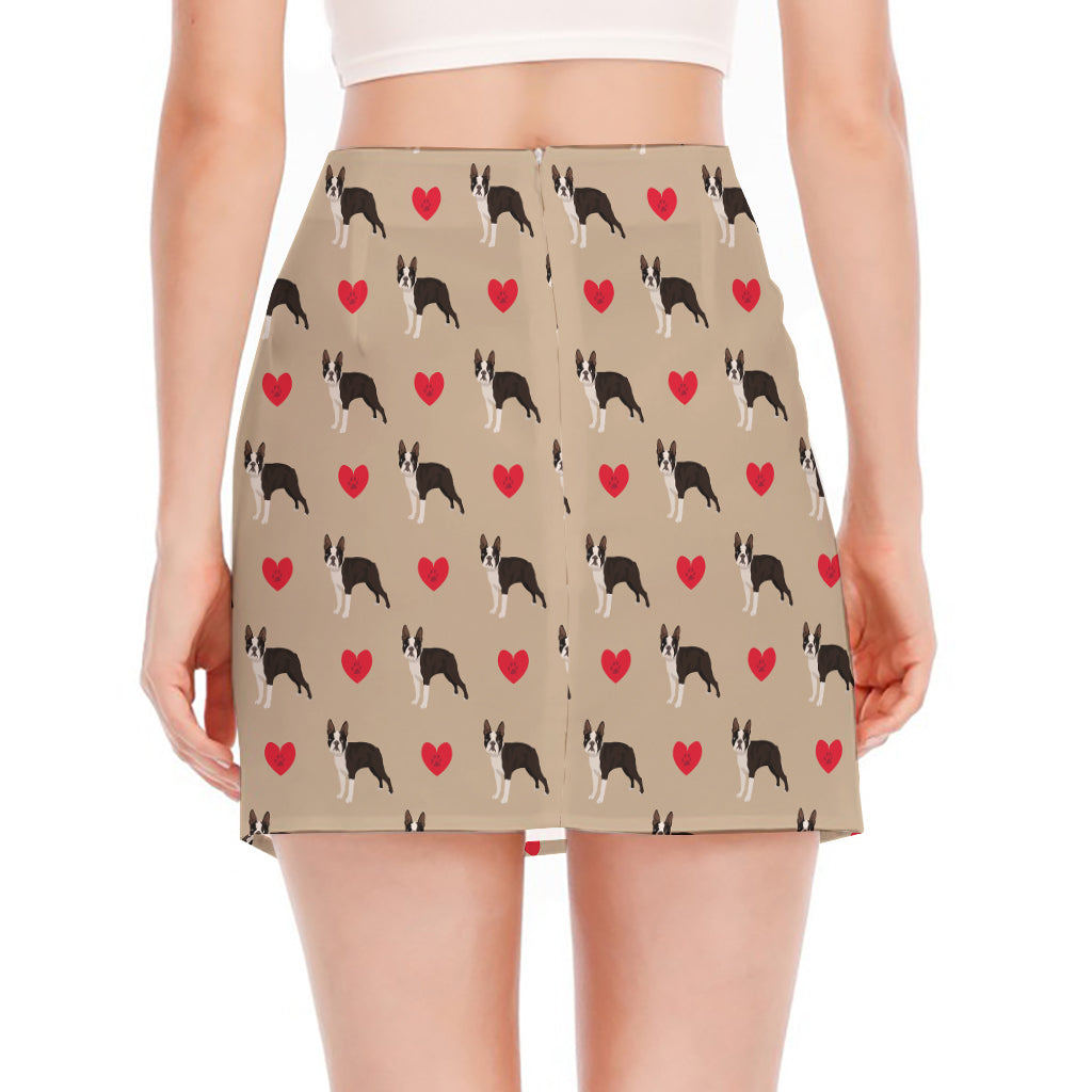 Boston Terrier Heart Pattern Print Side Slit Mini Skirt