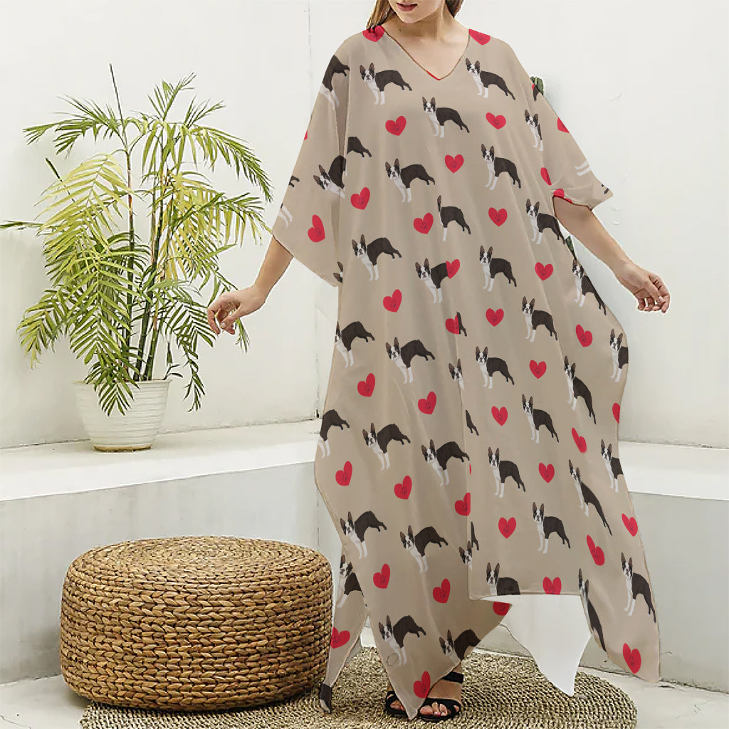 Boston Terrier Heart Pattern Print Silk V-Neck Kaftan Dress