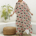 Boston Terrier Heart Pattern Print Silk V-Neck Kaftan Dress