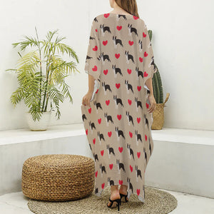 Boston Terrier Heart Pattern Print Silk V-Neck Kaftan Dress