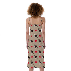 Boston Terrier Heart Pattern Print Slim Fit Midi Cami Dress