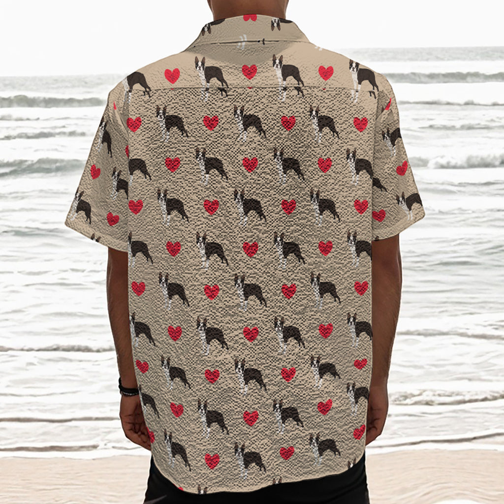 Boston Terrier Heart Pattern Print Textured Short Sleeve Shirt