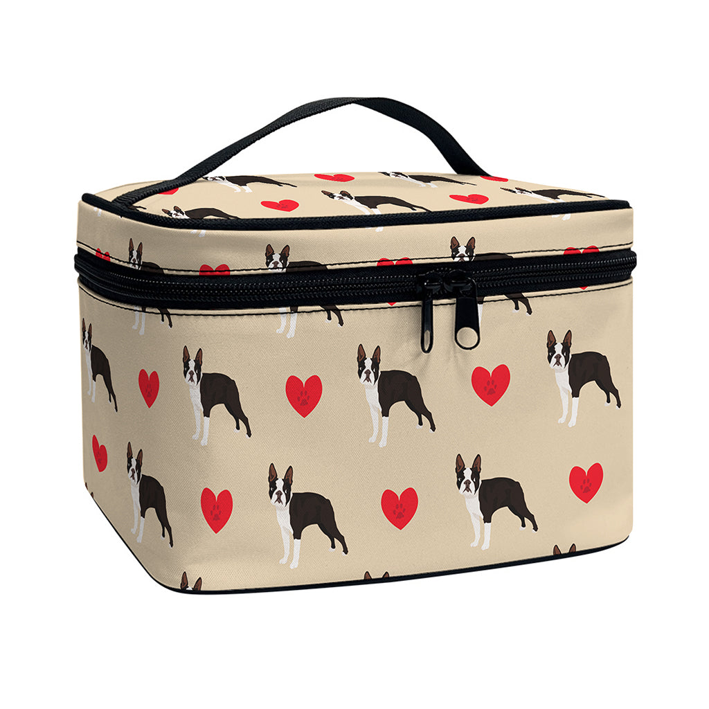 Boston Terrier Heart Pattern Print Travel Makeup Bag