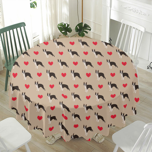 Boston Terrier Heart Pattern Print Waterproof Round Tablecloth