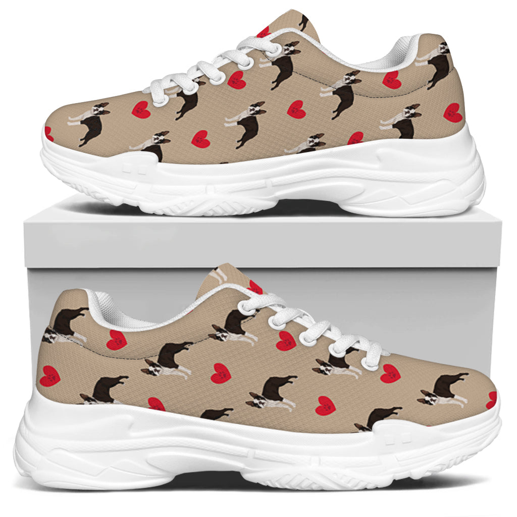 Boston Terrier Heart Pattern Print White Chunky Shoes