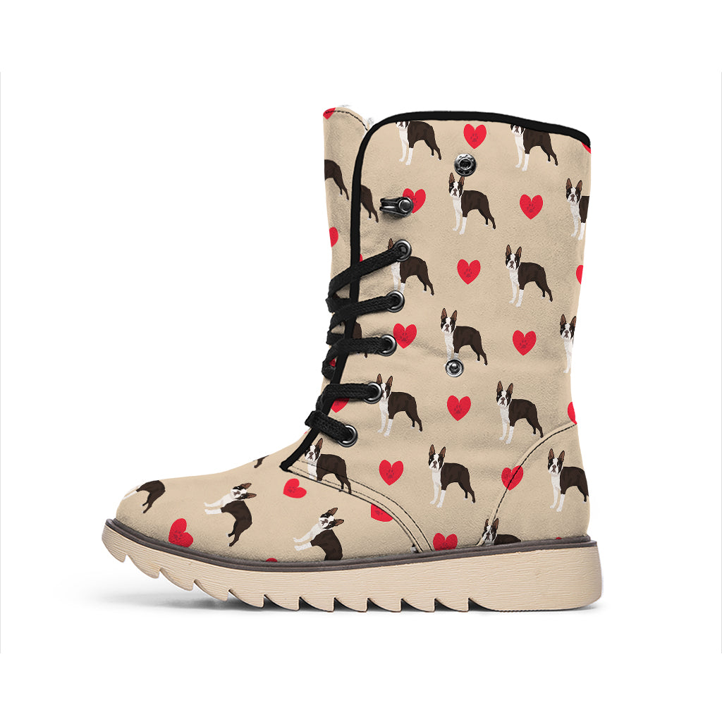 Boston Terrier Heart Pattern Print Winter Boots