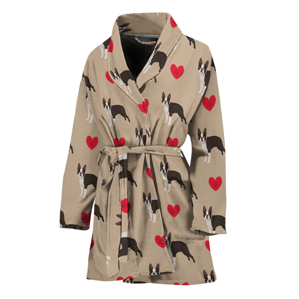 Boston Terrier Heart Pattern Print Women's Bathrobe