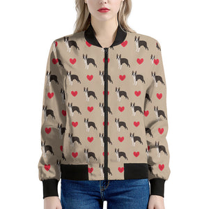 Boston Terrier Heart Pattern Print Women's Bomber Jacket