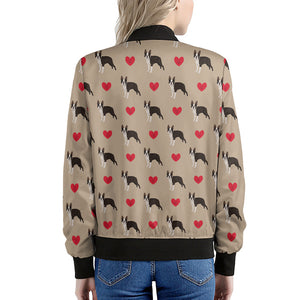 Boston Terrier Heart Pattern Print Women's Bomber Jacket