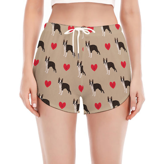 Boston Terrier Heart Pattern Print Women's Split Running Shorts