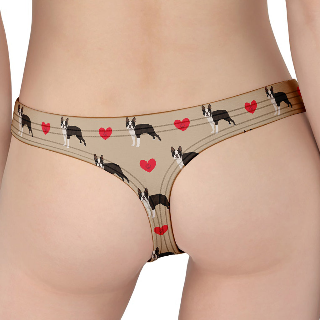 Boston Terrier Heart Pattern Print Women's Thong