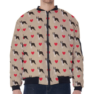 Boston Terrier Heart Pattern Print Zip Sleeve Bomber Jacket