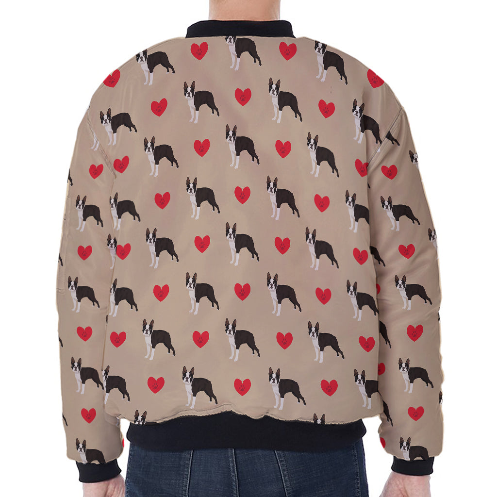 Boston Terrier Heart Pattern Print Zip Sleeve Bomber Jacket