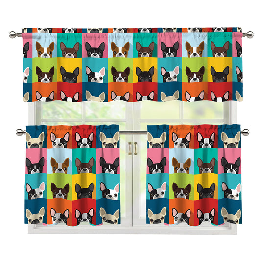 Boston Terrier Puppy Faces Print 3 Piece Kitchen Curtains
