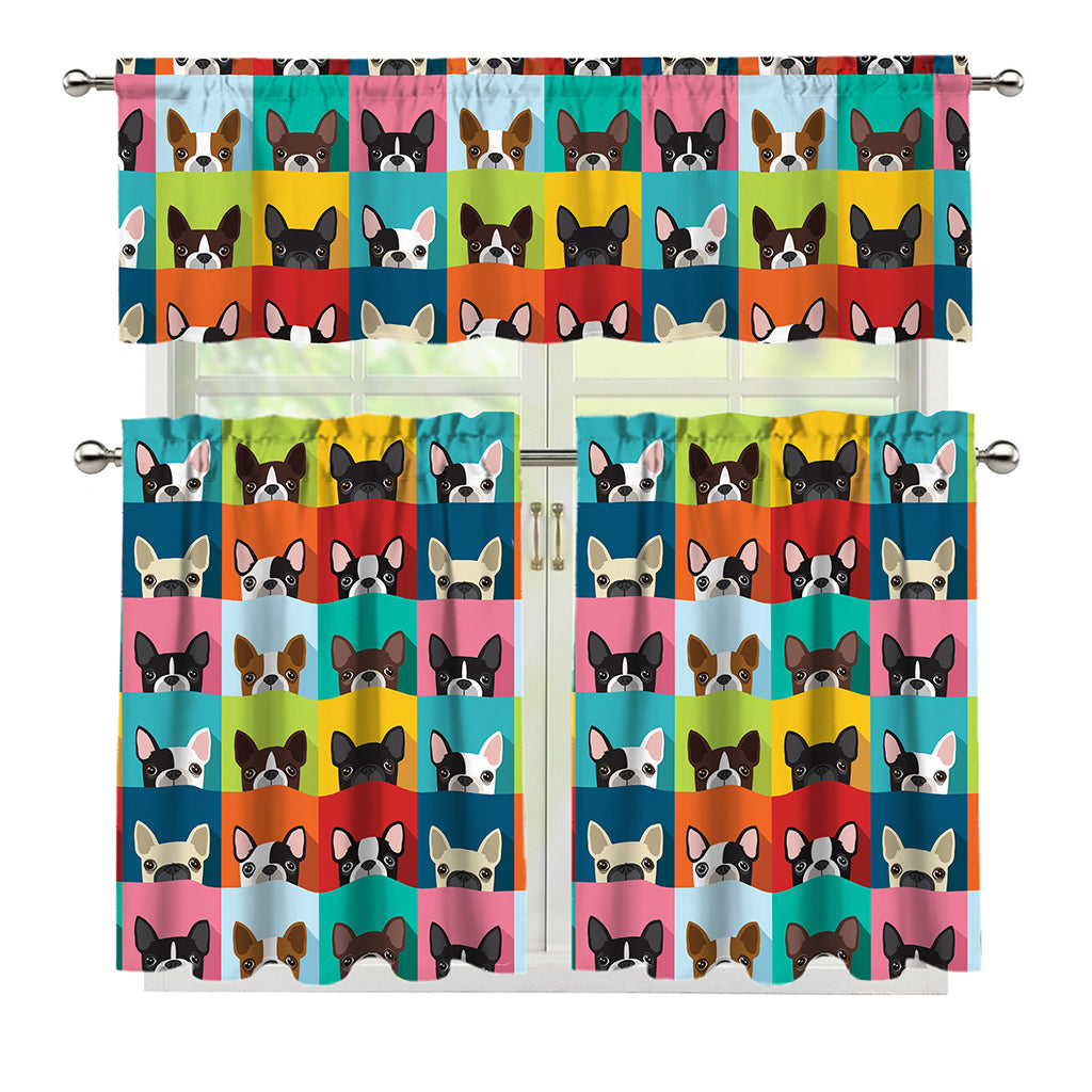 Boston Terrier Puppy Faces Print 3 Piece Kitchen Curtains