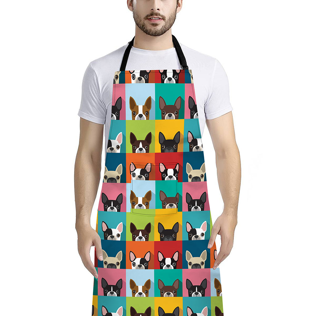 Boston Terrier Puppy Faces Print Bib Apron With Pocket