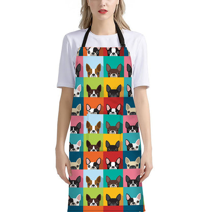 Boston Terrier Puppy Faces Print Bib Apron With Pocket