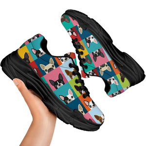 Boston Terrier Puppy Faces Print Black Chunky Shoes