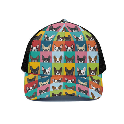 Boston Terrier Puppy Faces Print Black Mesh Trucker Cap