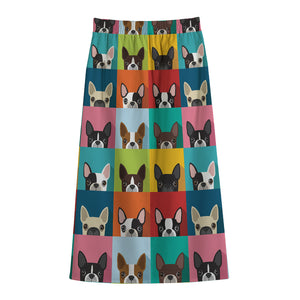 Boston Terrier Puppy Faces Print Cotton Front Slit Maxi Skirt