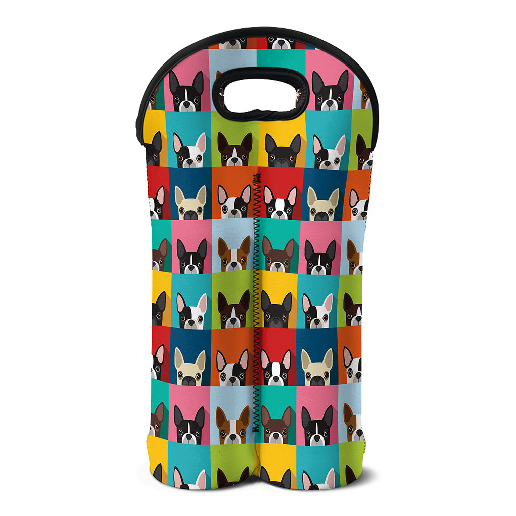 Boston Terrier Puppy Faces Print Double Neoprene Wine Tote