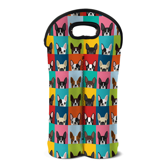 Boston Terrier Puppy Faces Print Double Neoprene Wine Tote