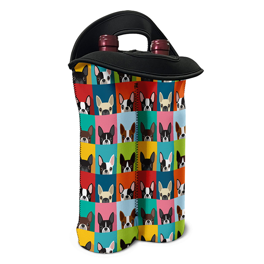 Boston Terrier Puppy Faces Print Double Neoprene Wine Tote