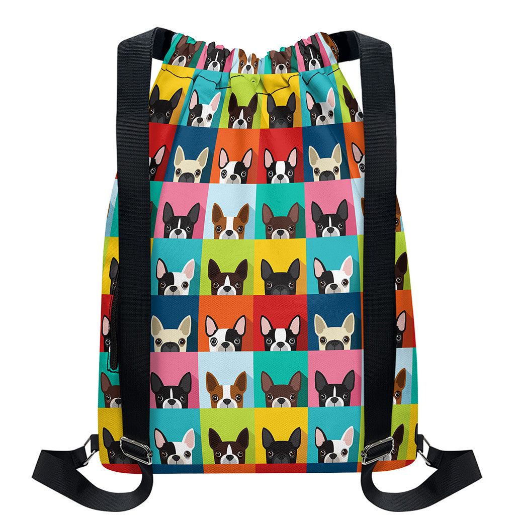 Boston Terrier Puppy Faces Print Drawstring Backpack