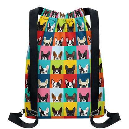 Boston Terrier Puppy Faces Print Drawstring Backpack