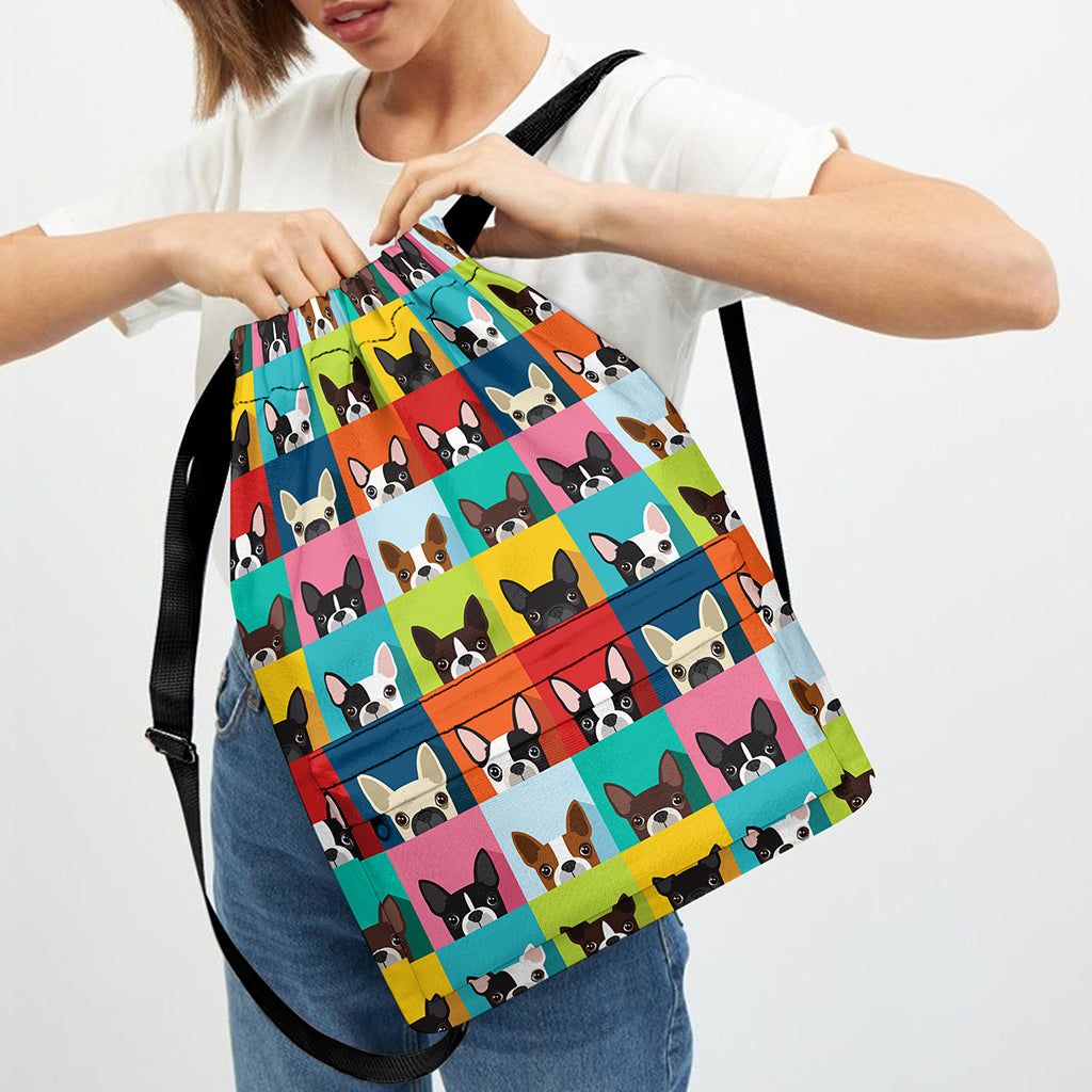 Boston Terrier Puppy Faces Print Drawstring Backpack