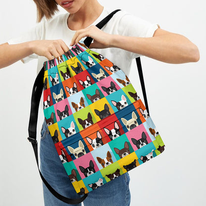 Boston Terrier Puppy Faces Print Drawstring Backpack