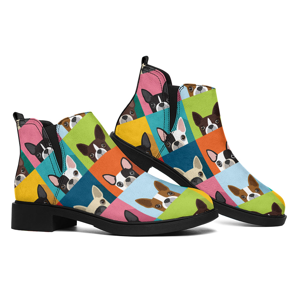 Boston Terrier Puppy Faces Print Flat Ankle Boots