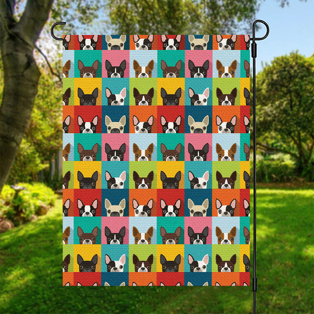 Boston Terrier Puppy Faces Print Garden Flag