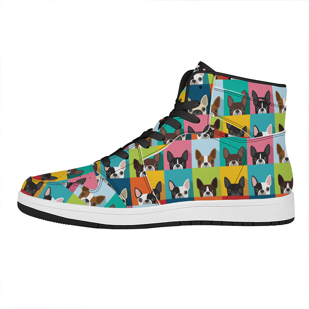 Boston Terrier Puppy Faces Print High Top Leather Sneakers