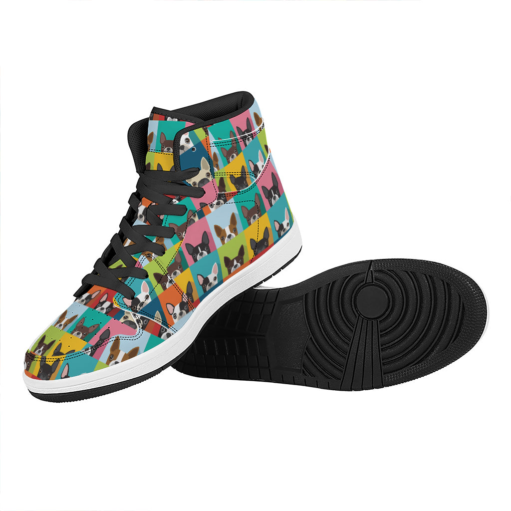 Boston Terrier Puppy Faces Print High Top Leather Sneakers