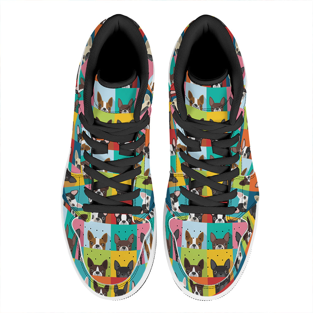 Boston Terrier Puppy Faces Print High Top Leather Sneakers