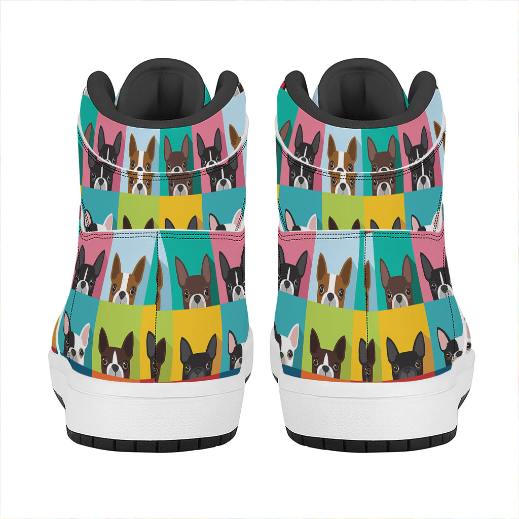Boston Terrier Puppy Faces Print High Top Leather Sneakers
