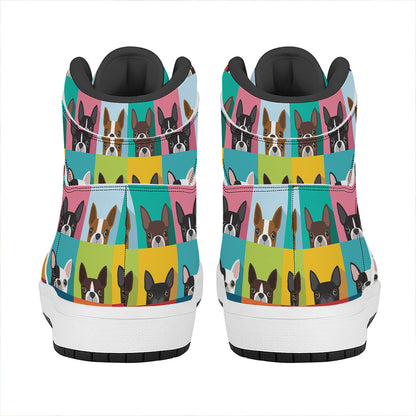 Boston Terrier Puppy Faces Print High Top Leather Sneakers