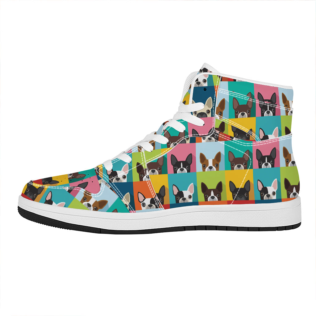 Boston Terrier Puppy Faces Print High Top Leather Sneakers
