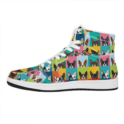 Boston Terrier Puppy Faces Print High Top Leather Sneakers