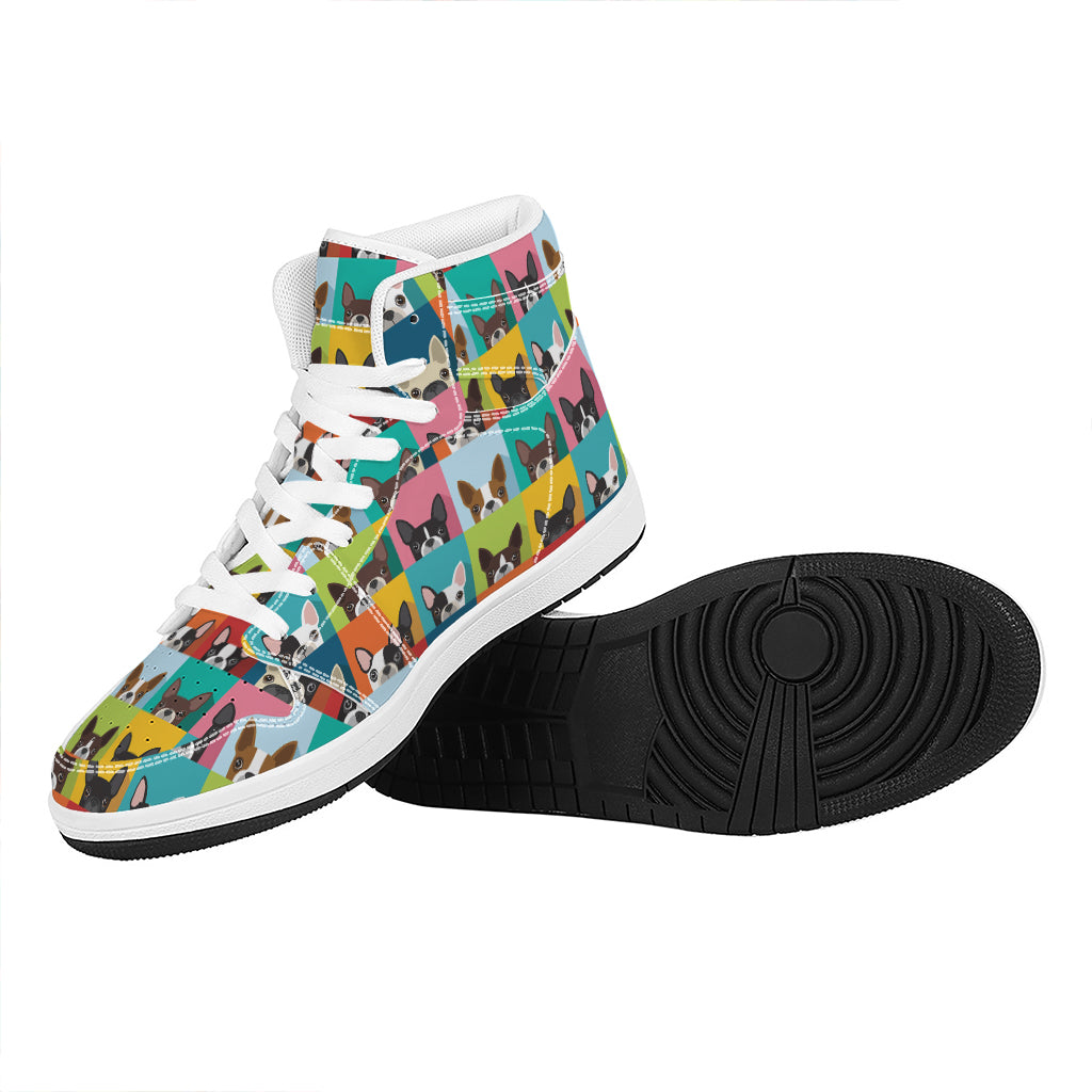 Boston Terrier Puppy Faces Print High Top Leather Sneakers