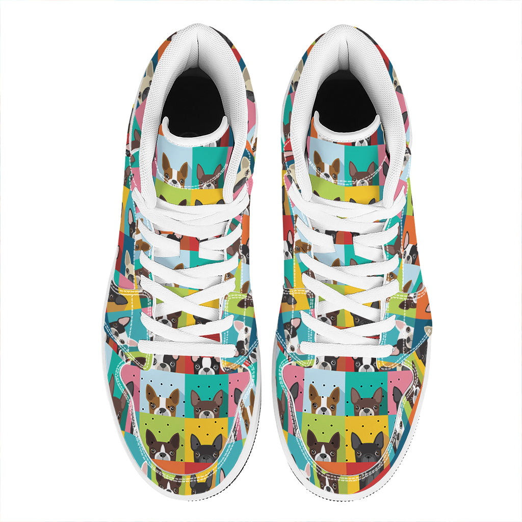 Boston Terrier Puppy Faces Print High Top Leather Sneakers