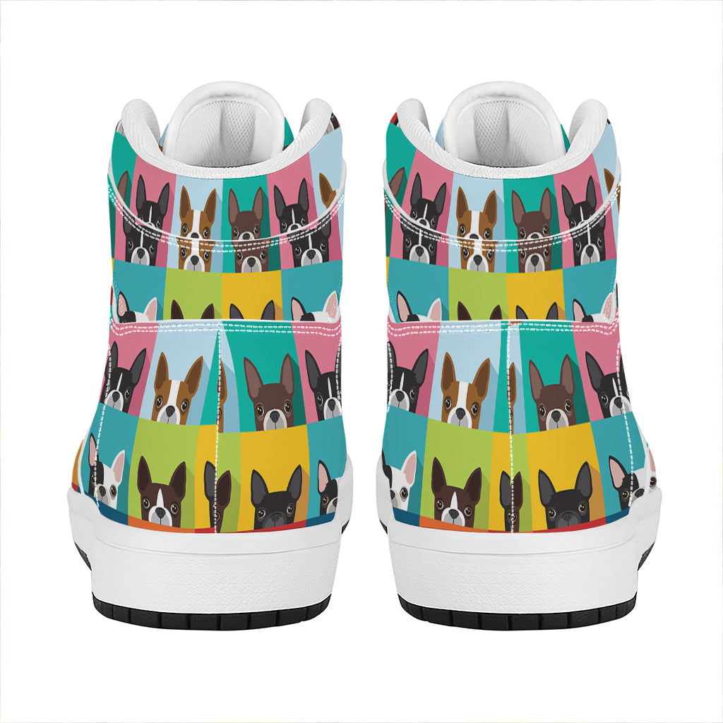 Boston Terrier Puppy Faces Print High Top Leather Sneakers